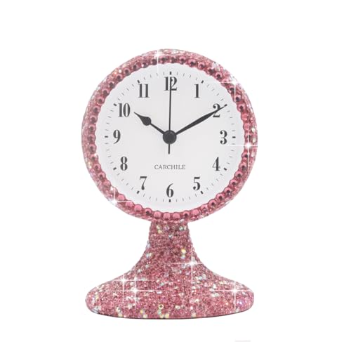 Luxury Rhinestone Small Alarm Desk Table Clock Morning Call Handmade Fashion Design for Bedroom Houseroom Living Room Cute As Gift AR (Pink) - color: Pink