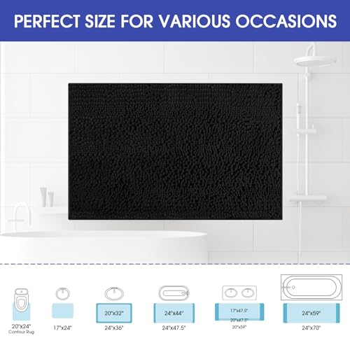 ACCUMTEK Striped Black Bathroom Rug Mat 32"x20" Ultra Soft, Non Slip Chenille Bath Rugs, Absorbent Plush Shaggy Bath Mats for Bathroom, Bedroom, Kitchen, Shower, Tub - color: Black, size: 1'8" x 2'8" (Rectangular)