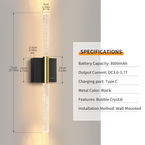 Battery Operated Sconces Set of 2, 28in Rechargeable Wireless Wall Lights - color: Black