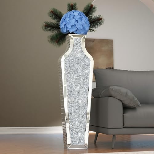 SHYFOY 43" Extra Large Floor Vase Oversized Crushed Diamond Mirrored Vase Silver Big Crystal Vases for Home Decor Living Room Floor - color: Silver, size: 43"H x 12.75"L x 5.9"W