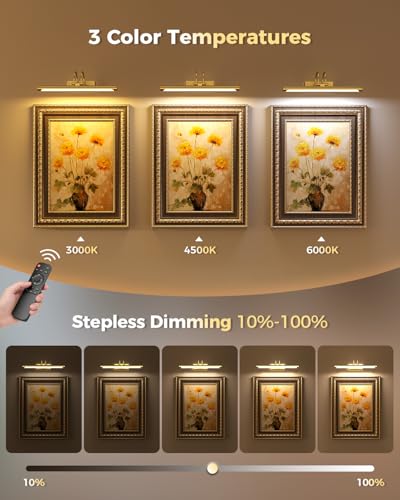 Wireless Rechargeable Picture Light with Remote, 12.6″ Battery Operated Art Gallery Wall Light, Dual 5000mAh Batteries, Dimmable with Timer, Adjustable Design, Electroplated Gold Finish - color: Battery Operated-Brass, size: 12.6 Inch