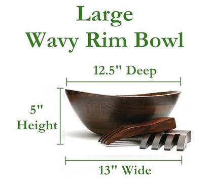 Lipper International Cherry Finished Wavy Rim Serving Bowl with 2 Salad Hands, Large, 13" x 12.5" x 5", 3-Piece Set - size: Large