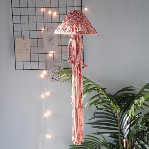 Macrame Wall Hanging,Jellyfish Dream Catcher with Star Lights,Bohemian Woven Wall Art Decor Beautiful Apartment Dorm Room Door Decoration (Pink) - color: Pink