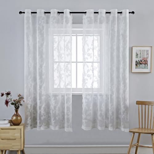 Anytime White Lace Sheer Curtain Panels for Living Room Elegant Window Treatment Sets Light Filtering Translucent Draperies for Office (2 Panels,W55 x L45 inch) - color: White, size: 55"W x 45"L (Pack of 2)