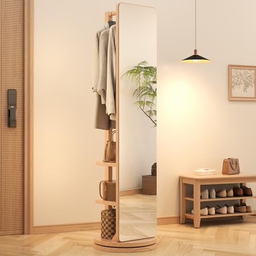 WoodsWhisper Full Length Mirror Coat Rack Solid Wood Floor Mirror 70"x16" Full Length Mirror with Stand Long Mirrors for Bedroom,Living Room (Natural, 70" L x 16" W) - color: Natural, size: 70"L x 16"W