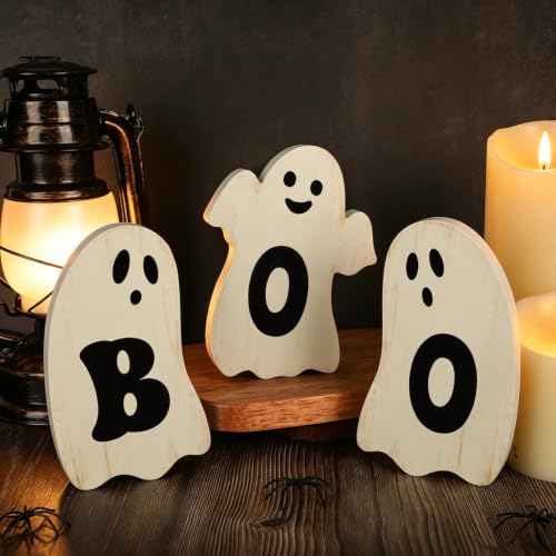 3 Pcs Halloween Table Decorations Indoor Halloween Ghost Decorations Wooden Boo Signs Rustic Halloween Table Centerpiece for Home Shelf Mantel Tabletop Windowsill Party