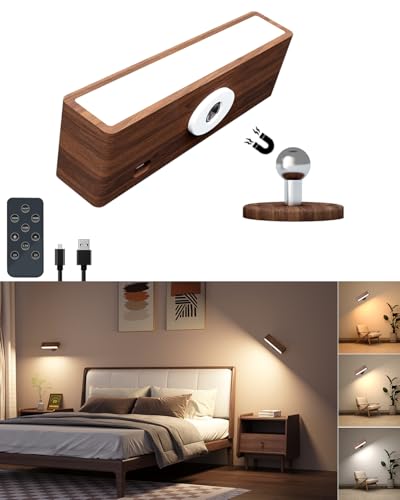 DetarZinLED Wooden Wall Lights Battery Operated with Remote,Rechargeable Wall Sconce for Bedroom with 3 Color Temperature, Magnetic, Stick-On, Dimmable Wall Reading Lights (Walnutwood, 1 Pack) - color: Brown, size: 1 Pack Remote