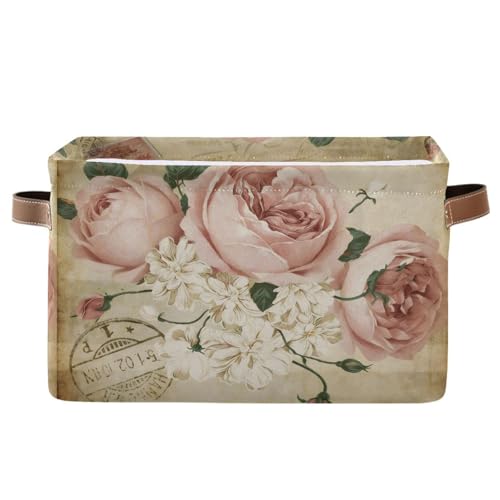 ALAZA Vintage Shabby Chic Rose Floral Foldable Storage Box Storage Basket Organizer Bins with Handles for Shelf Closet Living Room Bedroom Home Office 2 Pack