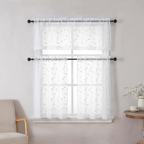 Regal Home Collections Embroidered Kitchen Tiers & Window Valance Curtains - 54"x36" Light Filtering Rod Pocket Cafe Tier, Curtain Valances for Windows, Elberon White - color: Elberon/White