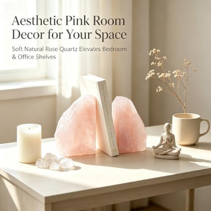 Natural Rose Quartz Bookends 3-4 LBS - Heavy Duty Crystal Book Ends for Shelves, Pink Stone Decorative Home Office Desk Accessories, Gemstone Bookend Set of 2