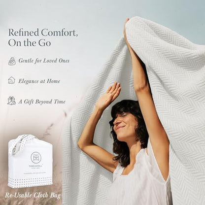 Threadmill Luxury 100% Cotton Queen Herringbone Blanket, Tusk White - color: Tusk White, size: Queen (90" x 92")