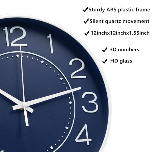 HZDHCLH 12 Inch Modern Wall Clock Battery Operated Silent Non Ticking - color: Navy Blue, size: 12 Inch