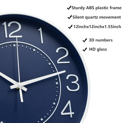 HZDHCLH 12 Inch Modern Wall Clock Battery Operated Silent Non Ticking - color: Navy Blue, size: 12 Inch