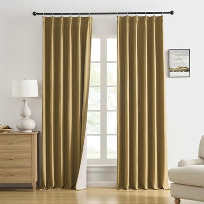 DUALIFE Gold Tan Pinch Pleated Blackout Curtains 63 Inches Long, Back Tab with Hooks, Linen Full Black Out Thermal Insulated Track Curtain for Bedroom Living Room,40 W x 63 L, 2 Panels - color: Gold Tan, size: 40"W x 63"L (Pack of 2)