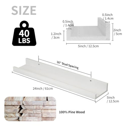 SAUMONIERES Picture Ledge Shelf Floating Book Shelves Set of 2 Wall Mounted Solid Wood for Bedroom Bathroom Living Room Kitchen, 24 Inch White - color: White, size: 24 inch