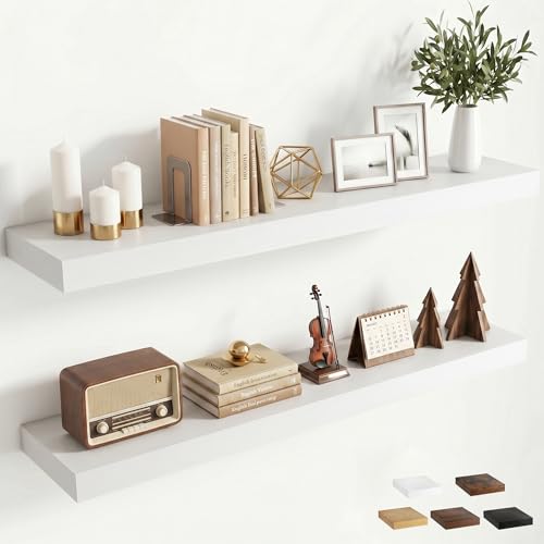 40 inchs Floating Shelves for Wall Mounted Set of 2,Rustic Wood Floating Shelf with Invisible Brackets for Small Bathroom,Bedroom,Living Room,Modern Home Decor - White - color: White, size: 40''W x 7.9''D x 1.5''H,Set of 2-MDF