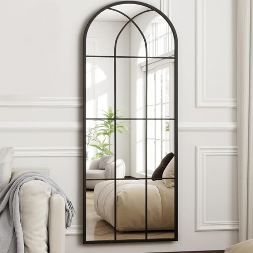 Arched Full Length Mirror 56"x22", Black Windowpane Arched-Top Mirror, Metal Wall Mounted or Leaning Mirrors for Bedroom, Living Room, Entryway - color: Farmhouse Mirror-black, size: 56"L x 22"W