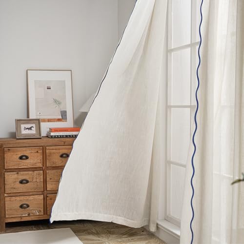 DriftAway Semi Sheer Scalloped Edge Linen Coastal Beach Window Curtains for Living Room Bedroom 2 Panels Rod Pocket Each Size 52 Inch by 96 Inch Navy - color: Linen Navy, size: 52"W x 96"L (Pack of 2)