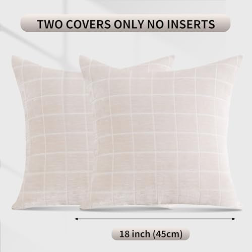 HPUK Checkered Throw Pillow Covers 18x18 Inch, Soft Cut Velvet, Set of 2 - color: Chenil Check-beige