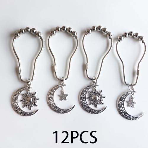 Decorative Sun Moon Celestial Shower Curtain Hooks Rings Set of 12, Silver - color: Silver