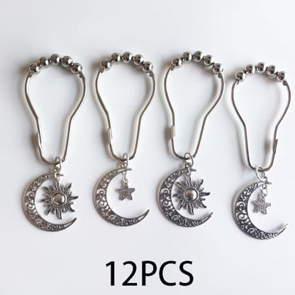 Decorative Sun Moon Celestial Shower Curtain Hooks Rings Set of 12, Silver - color: Silver