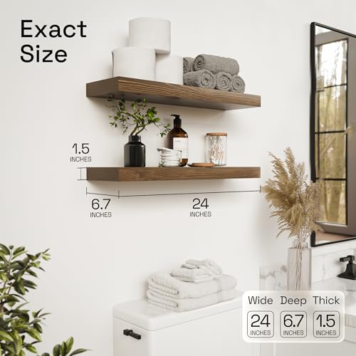 Solid Wood Floating Shelves for Wall 24 Inch Walnut, Wooden Bathroom Shelf - color: Walnut, size: 24 Inch