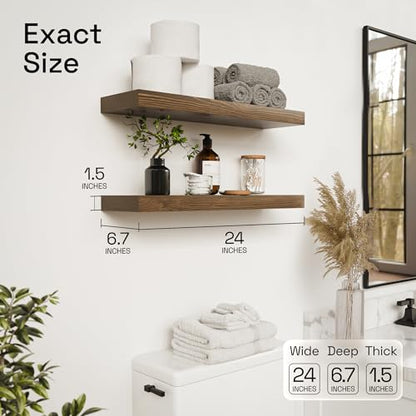 Solid Wood Floating Shelves for Wall 24 Inch Walnut, Wooden Bathroom Shelf - color: Walnut, size: 24 Inch