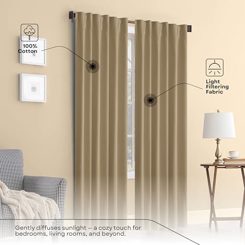 Beige Solid Panel Curtains, 63 Inches Long, Set of 2, 100% Cotton, Light Filtering for Privacy, Neutral Farmhouse Charm, Ideal for Bedroom, Living Room, 54" W x 63" L - color: Beige, size: 54"W x 63"L (Pack of 2)