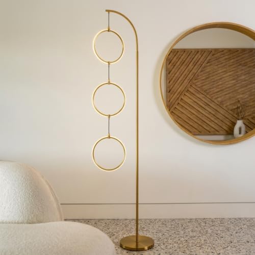 Brightech 3 Ring Lamp - 74" Dimmable LED Floor Lamp with 3 Hanging Light Rings, Modern Arc Standing Tree Lamp for Living Room, Bedroom and Office, 30W Warm White LED, Gold Brass - color: Brass