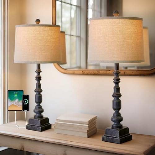 Oneach 27.75" Farmhouse Table Lamps Set of 2 for Living Room, USB A+C Port - color: Black
