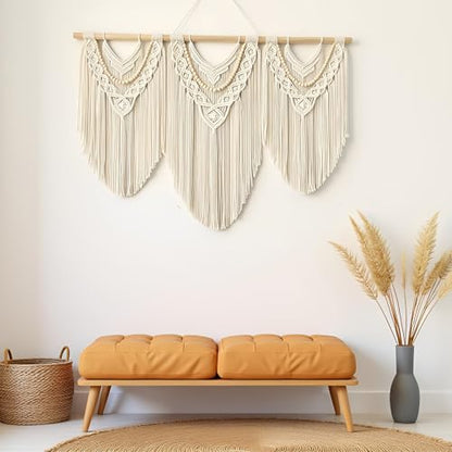 Large Macrame Wall Hanging, Boho Tapestry, 43"x32", Wood Bead Fringe - color: Beige-Wood Bead
