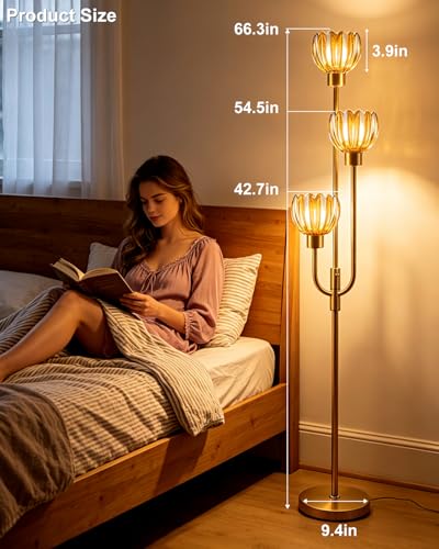 Modern Glass Floor Lamp 66IN 3-Light Amber Glass Gold Dimmable Floor Lamps - color: Amber Lotus-Gold