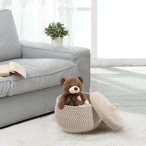 Angoily Storage Basket, 6.6 Quarts Woven Cotton Rope Basket with Lid, 1.6 Gal Small Round Decorative Storage Organizier Bin Box for Nursery, Living Room, Blanket, Home Decor, Bedroom