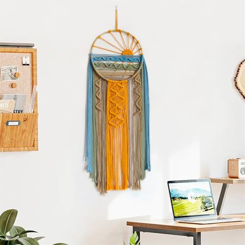 LB Boho Sunset Macrame Wall Hanging Orange and Green Small Dream Catcher Hand Woven Cotton Tapestry Modern Aesthetic Wall Art for Home, Bedroom, Living Room - color: Blue