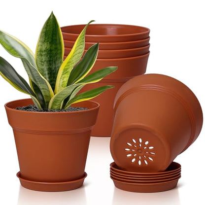 T4U Plant Pots 7.5 Inch 6 Pack, Plastic Flower Pots Indoor Drainage - color: Terracotta, size: 7.5 inch