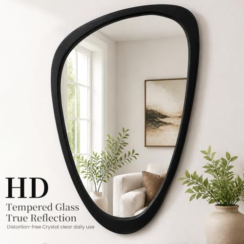 Solid Wood Asymmetrical Irregular Framed Wall Mirror, 24"x36" - color: Black, size: 36"L x 24"W