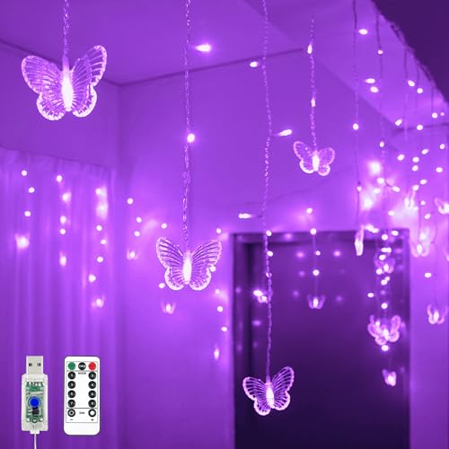 YOLIGHT Butterfly Curtain Lights 13ft 96 LED Fairy Lights 8 Modes String Lights with Remote, Butterfly Hanging Decoration for Girls Room Bedroom Wall Ceiling Party Wedding Holiday Christmas (Purple) - color: Purple