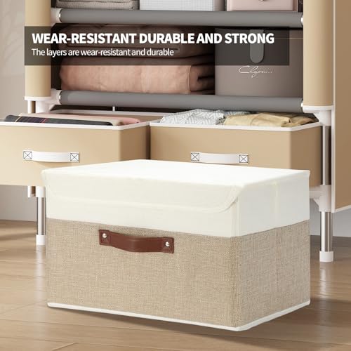 8 Pack Decorative Storage Bins Containers Fabric Bins with Lids Storage Baskets Bulk for Shelves Drawers, Desktop, Closet, Playroom, Classroom, Office, Bedroom, (15INx10INx10IN, Beige/White)