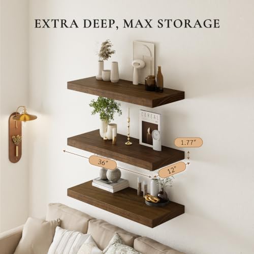 36" Extra Deep Floating Shelves, Set of 3, Walnut Wood - color: Walnut, size: 3T36IN