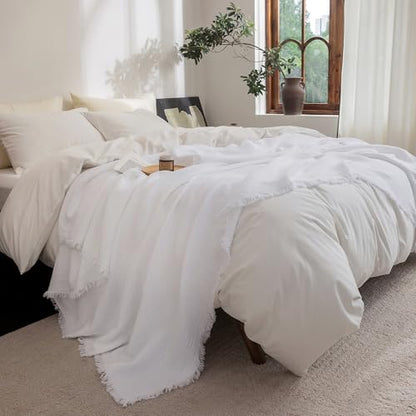 FOSSA Muslin Blanket 4-Layer 100% Cotton Gauze Blanket with Fringe 90"x90" - color: Bright White, size: Queen (90" × 90")