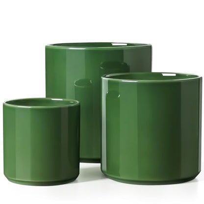 LE TAUCI 10+8+6 Inch Ceramic Pots for Plants, Indoor Planters with Drainage Hole and Plug, Modern Cylinder Flower Pots Set of 3 for Living Room and Kitchen, Glossy, Bamboo Green - color: Bamboo Green