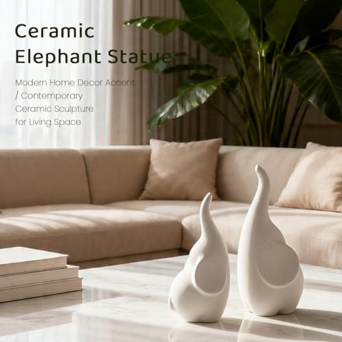 Elephant Decor Ceramic Elephant Statue Home Decor, Pair of Elephant Figurines for Living Room Bookshelf TV Stand Decor, Aesthetic Animal Sculptures Table Centerpiece, Housewarming Gifts (White) - color: White