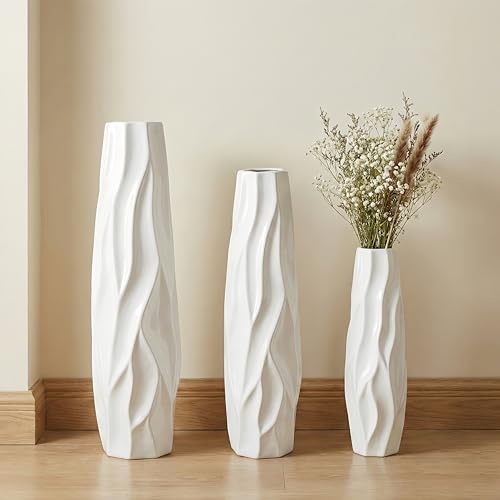 White Tall Ceramic Floor Vase, 17.7 Inch, Pleated Wave Design - color: Shape 1, size: 17.7 Inch