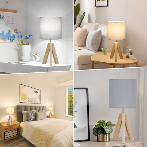 Brightever Small Bedside Table Lamp, Wooden Tripod Modern Table Lamp with Grey Linen Fabric Shade, Farmhouse Nightstand Lamp for Living Room, Bedroom, Home, Nursery, Office - color: Gray
