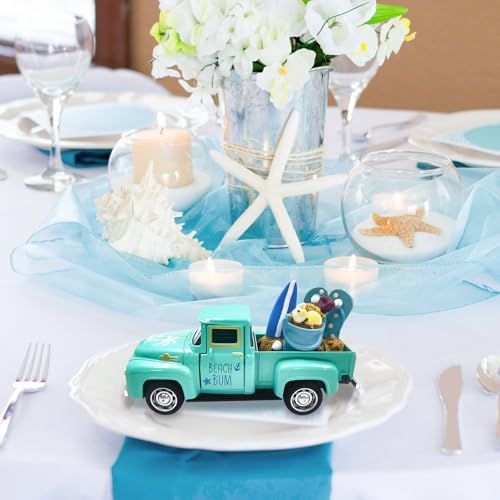Beach Decor Metal Truck with Mini Fake Beach Buckets Surfboards Flip Flops - color: Beach - Aqua Blue