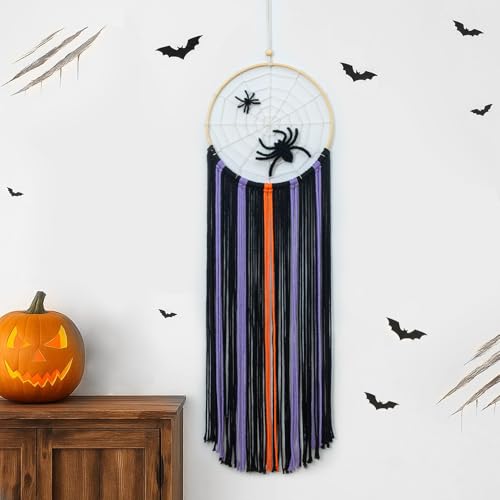 EOBTAIN Halloween Macrame Wall Hanging,Spider Web Dream Catchers,Black Purple and Orange Tassels Pure Cotton Cord Textile Wall Art,Halloween Decorative Woven Tapestry for Home Decor,9.8x32.8 Inch - color: Purple Black