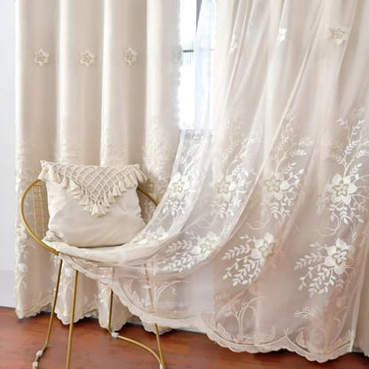 Amidoudou 1 Pair European Double Layer Curtains for Living Room Bedroom Luxury Flower Embroidered Curtains with Valance (Beige,52x102 Inch) - color: Beige, size: 52"W x 102"L (Pack of 2)