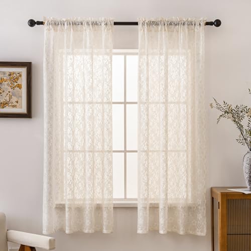 PearAge Lace Sheer Curtains for Living Room, 63 Inch Length, Elegant Lace-Style Voile Drapes for Bedroom, Kitchen or Dining Room, 42W x 63L Inch, 2 Panels Beige - color: Beige