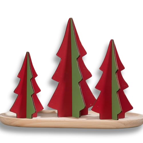 Your Heart's Content Set of 3 Holly Green Interlocking Wood Trees, Handmade USA Classic Curated Color Combination, Winter Tabletop Display, Christmas Tree Mantel (Set 3 Holly Green) - color: Set 3 Holly Green