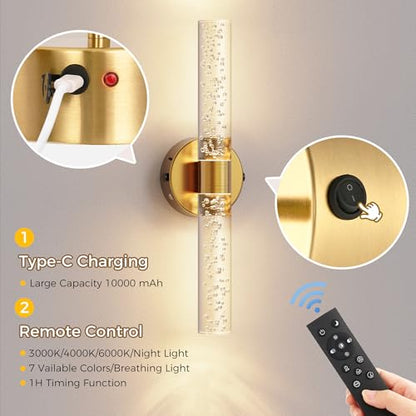 Battery Operated Wall Sconces Set of 2, 10000mAh Rechargeable Wall Light - color: Gold, size: 18 inch
